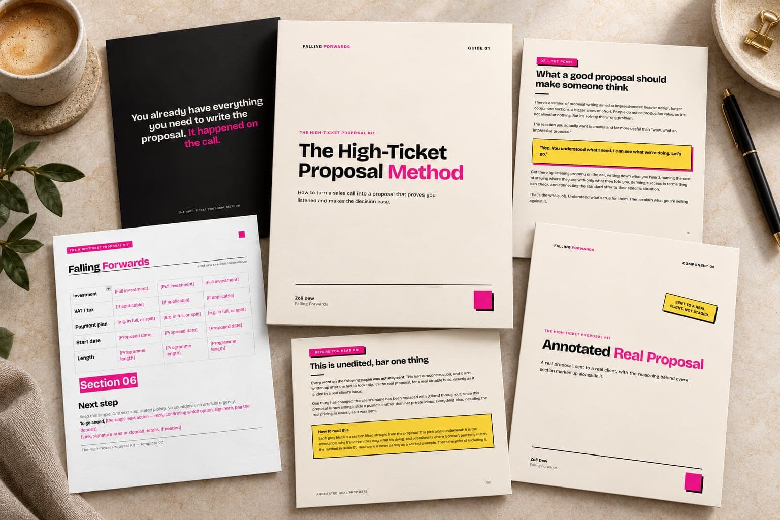 A flat lay of all of the documents included in the high ticket proposal kit