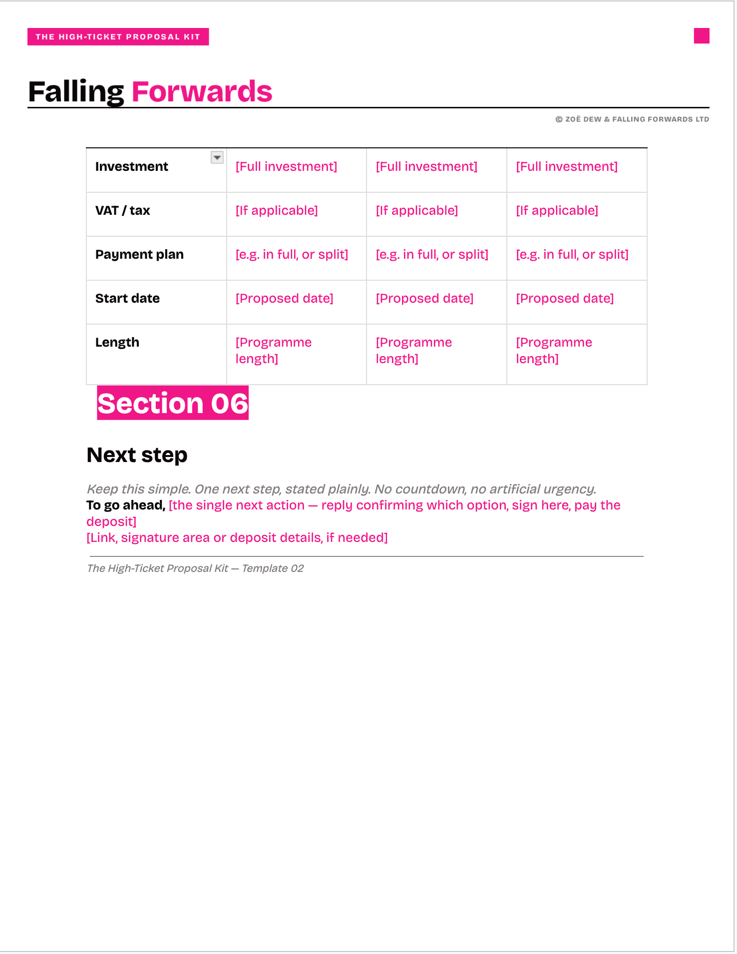 Zoe Dew High-Ticket Proposal Kit editable proposal template showing the investment, VAT, payment plan, start date, programme length and next-step sections.